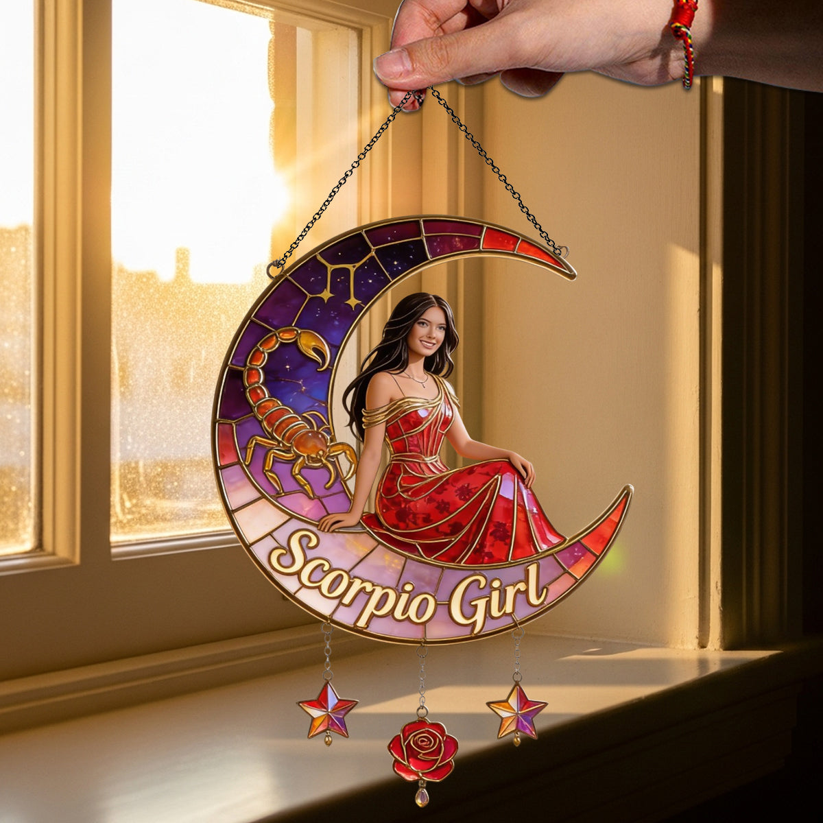 Any Photo Zodiac Style - Personalized Horoscope Window Hanging Suncatcher With Charms