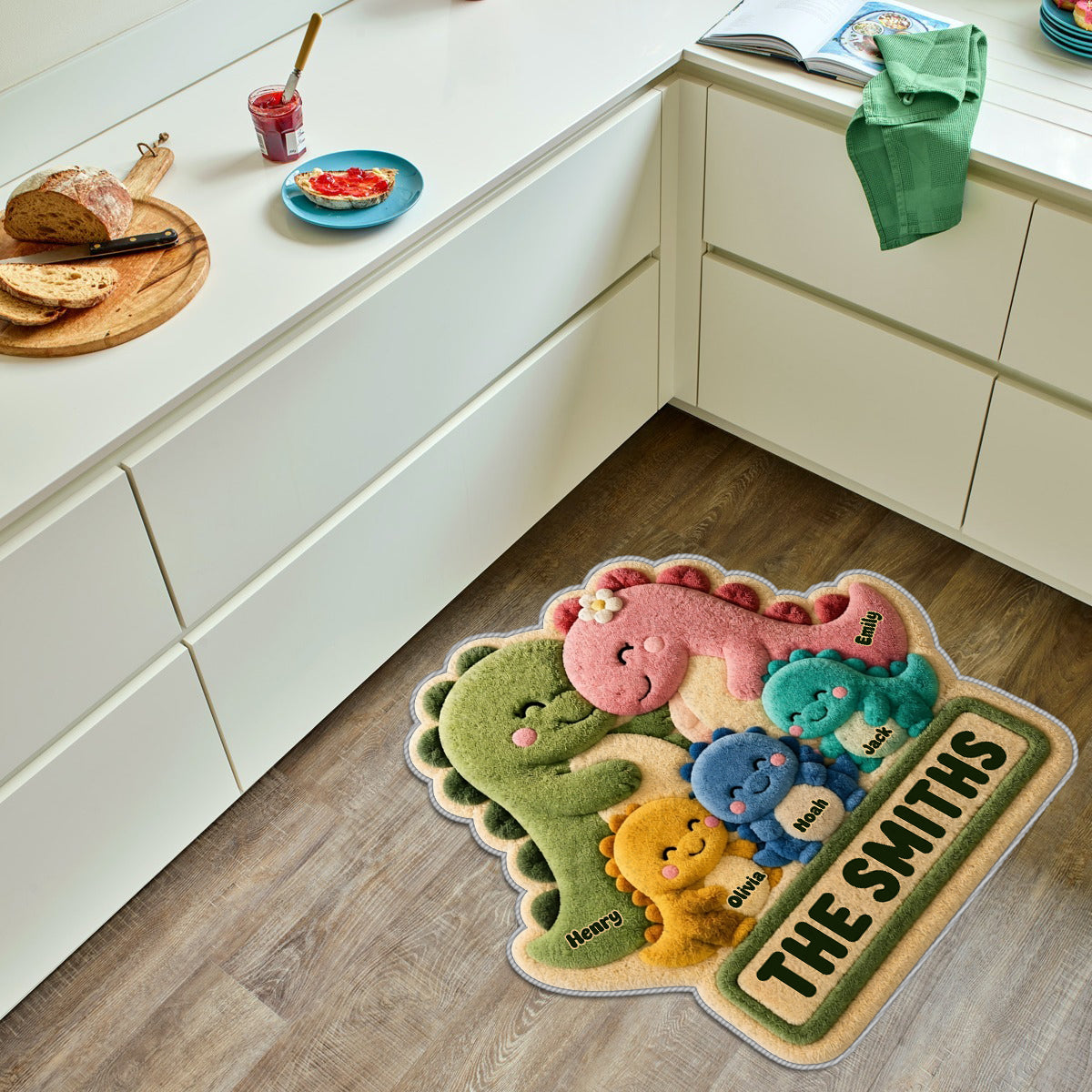 Fröhliche Dinosaurierfamilie - Personalisierter rutschfester Teppich
