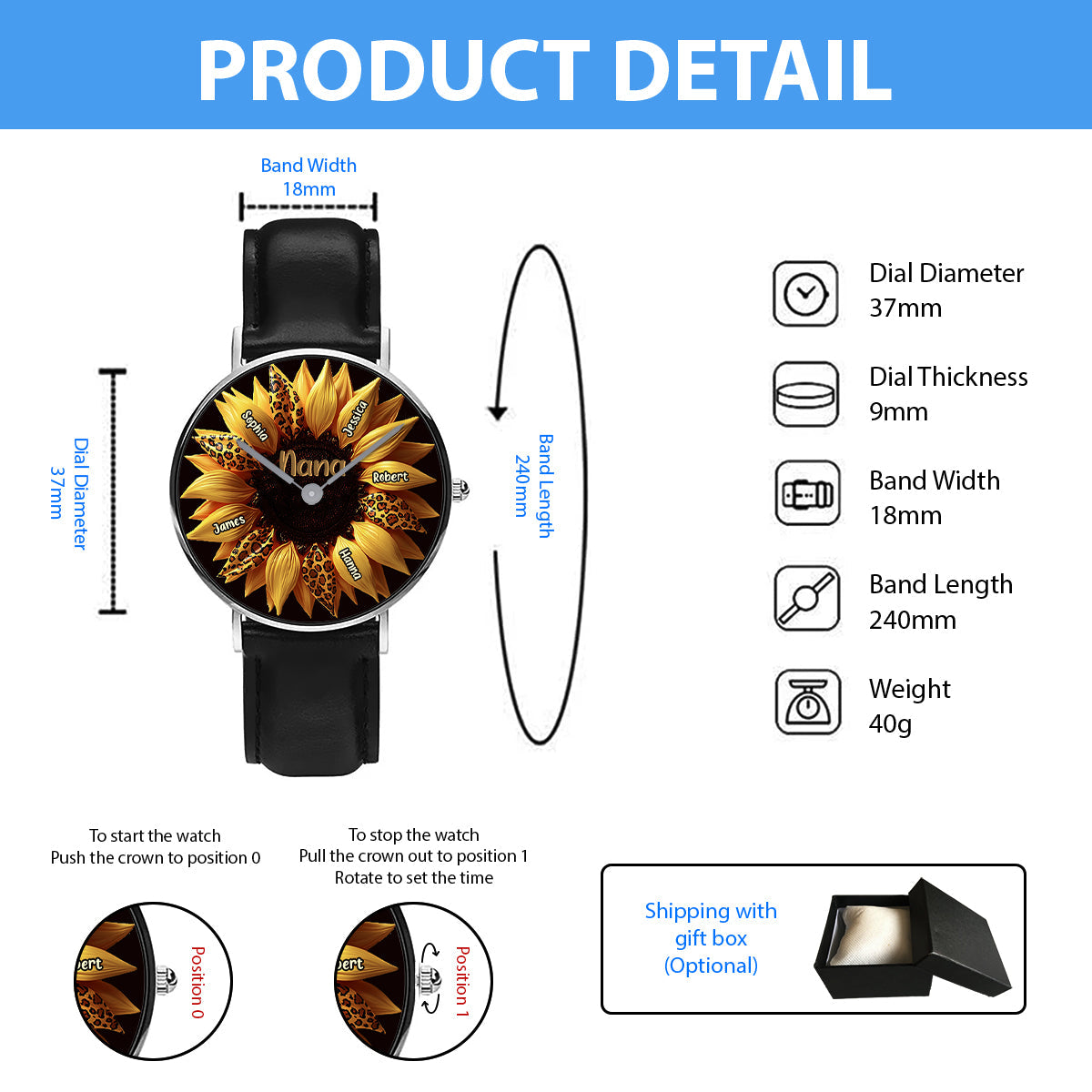 Nana, Mom, Auntie Family Sunflower - Personalized Grandma Hand Watch