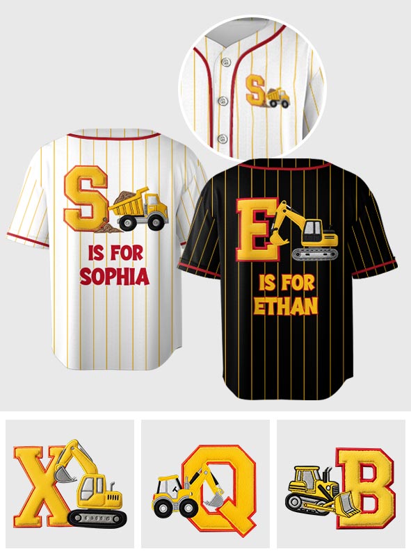 Véhicules de construction de l'alphabet - Maillot de baseball personnalisé pour enfant
