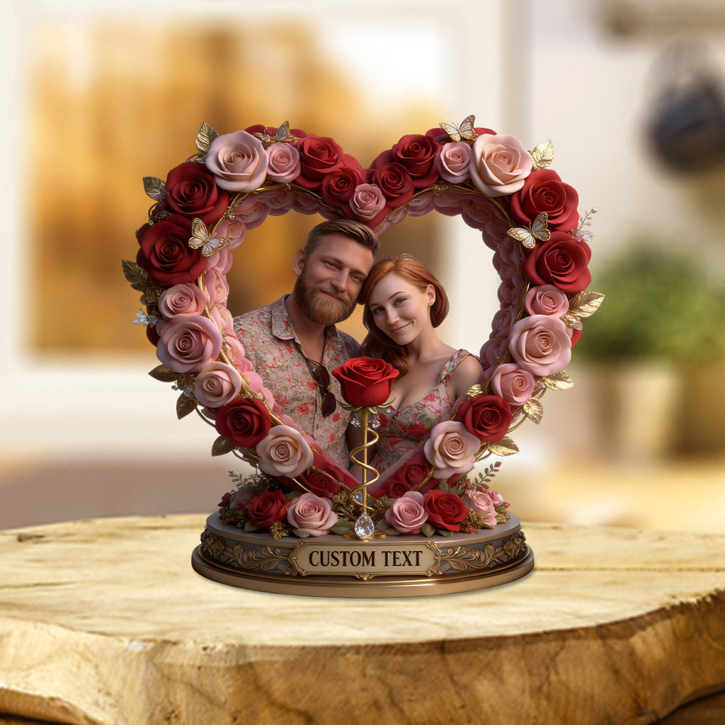 Individuelle Tischdekoration für ein Rosenpaar nach Foto – Personalisierte Acrylplakette in individueller Paarform
