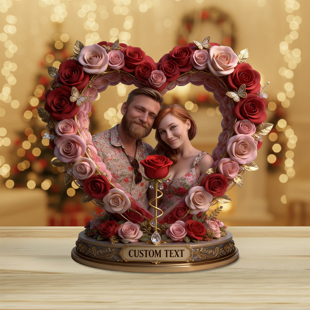 Individuelle Tischdekoration für ein Rosenpaar nach Foto – Personalisierte Acrylplakette in individueller Paarform