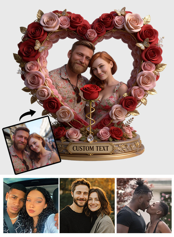 Individuelle Tischdekoration für ein Rosenpaar nach Foto – Personalisierte Acrylplakette in individueller Paarform
