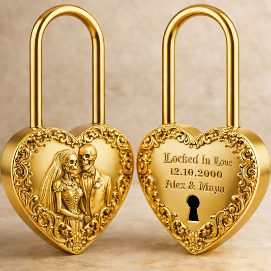In Liebe vereint, bis dass der Tod uns scheidet – personalisiertes Totenkopf-Herz-Vorhängeschloss