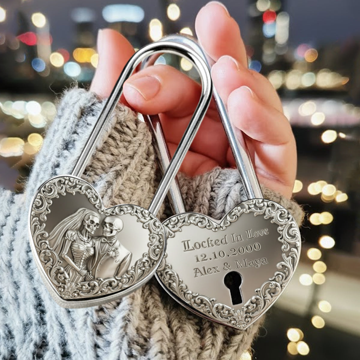 Unis par l'amour jusqu'à ce que la mort nous sépare - Cadenas personnalisé en forme de crâne et de cœur