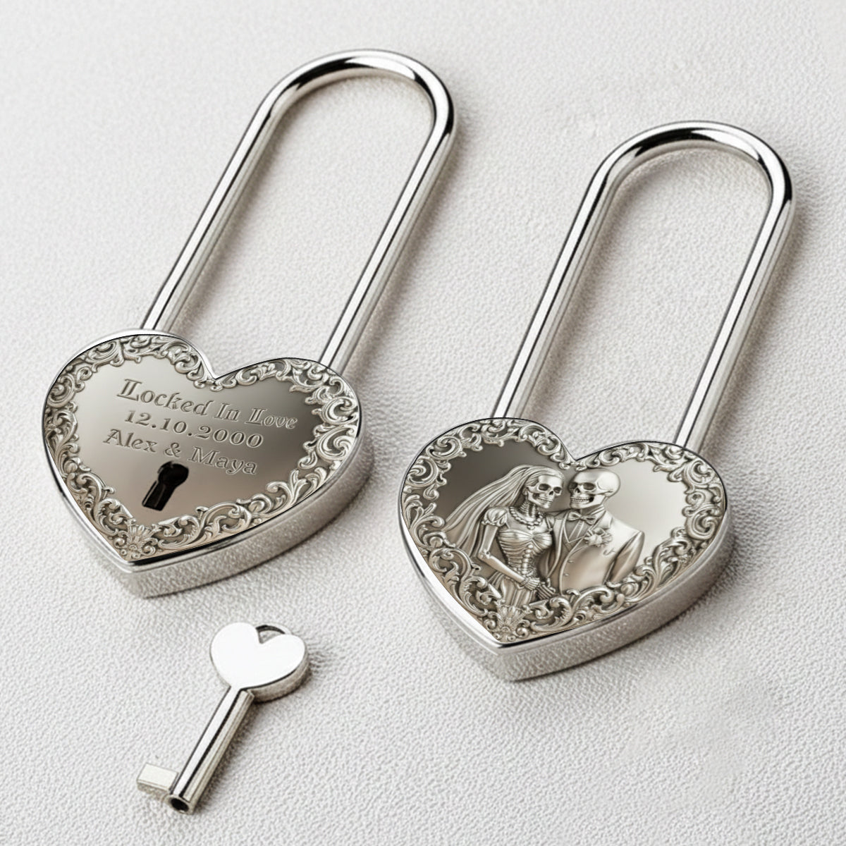 Unis par l'amour jusqu'à ce que la mort nous sépare - Cadenas personnalisé en forme de crâne et de cœur
