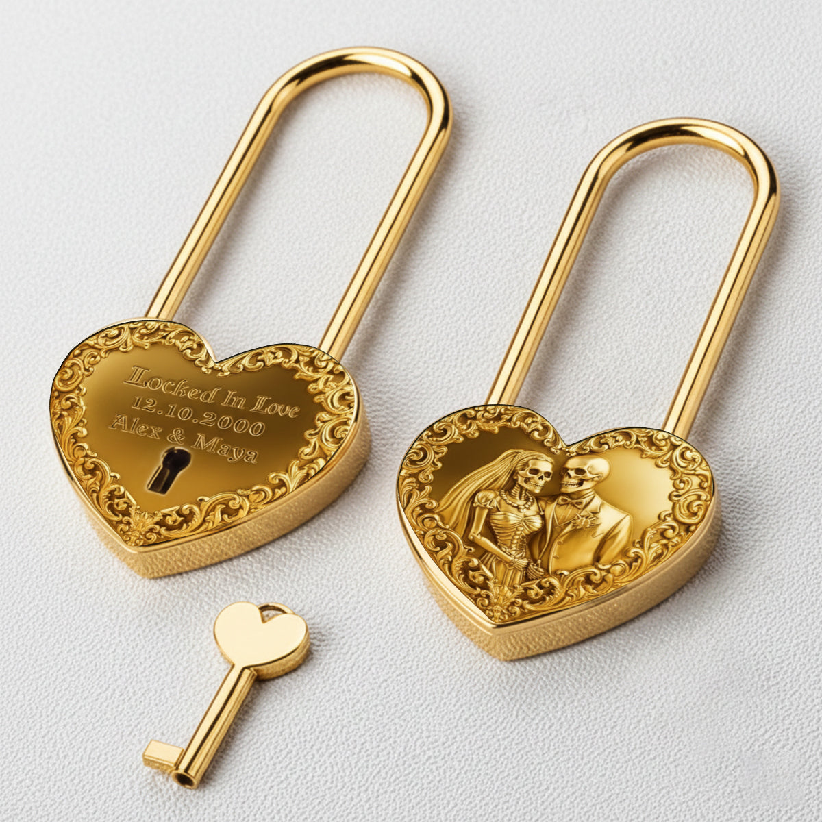 Unis par l'amour jusqu'à ce que la mort nous sépare - Cadenas personnalisé en forme de crâne et de cœur