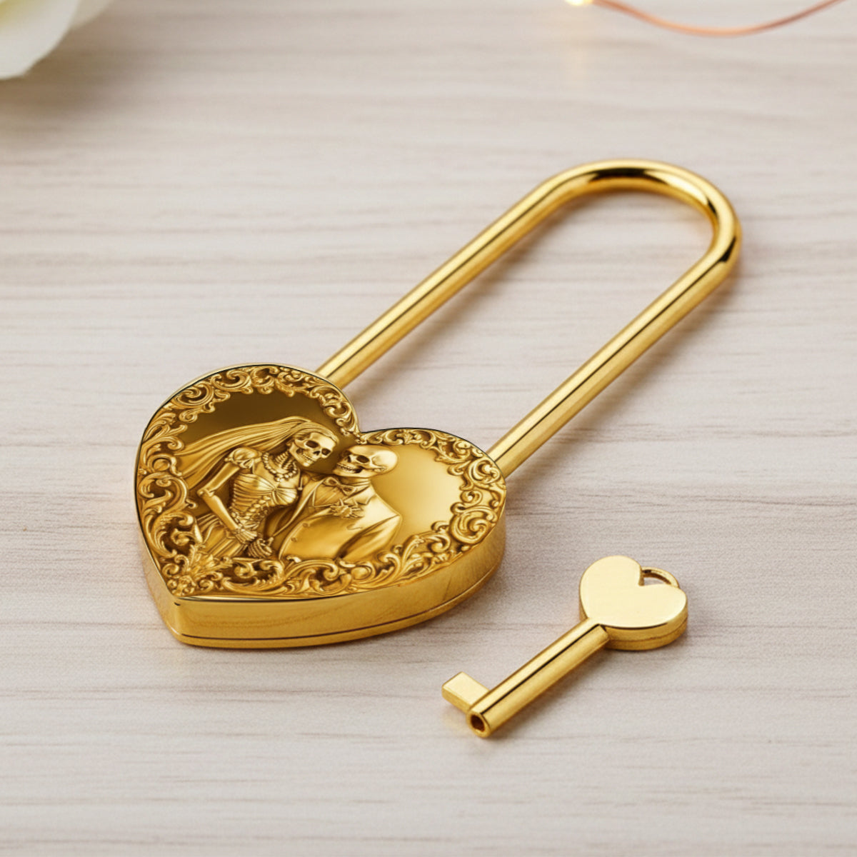Unis par l'amour jusqu'à ce que la mort nous sépare - Cadenas personnalisé en forme de crâne et de cœur