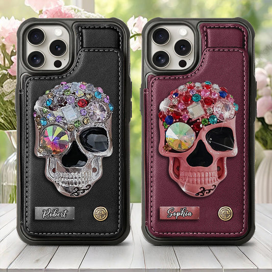 Glänzender Totenkopf – Personalisierte Totenkopf-Handyhülle mit Brieftaschenfunktion