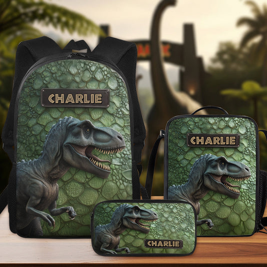 Ensemble dinosaure - Sac à dos, sac à goûter et trousse personnalisés pour enfant