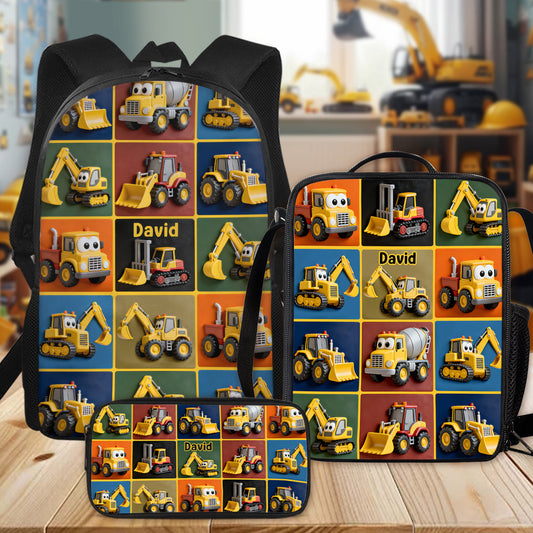 Machines de chantier - Ensemble sac à dos, sac à goûter et trousse personnalisés pour enfant