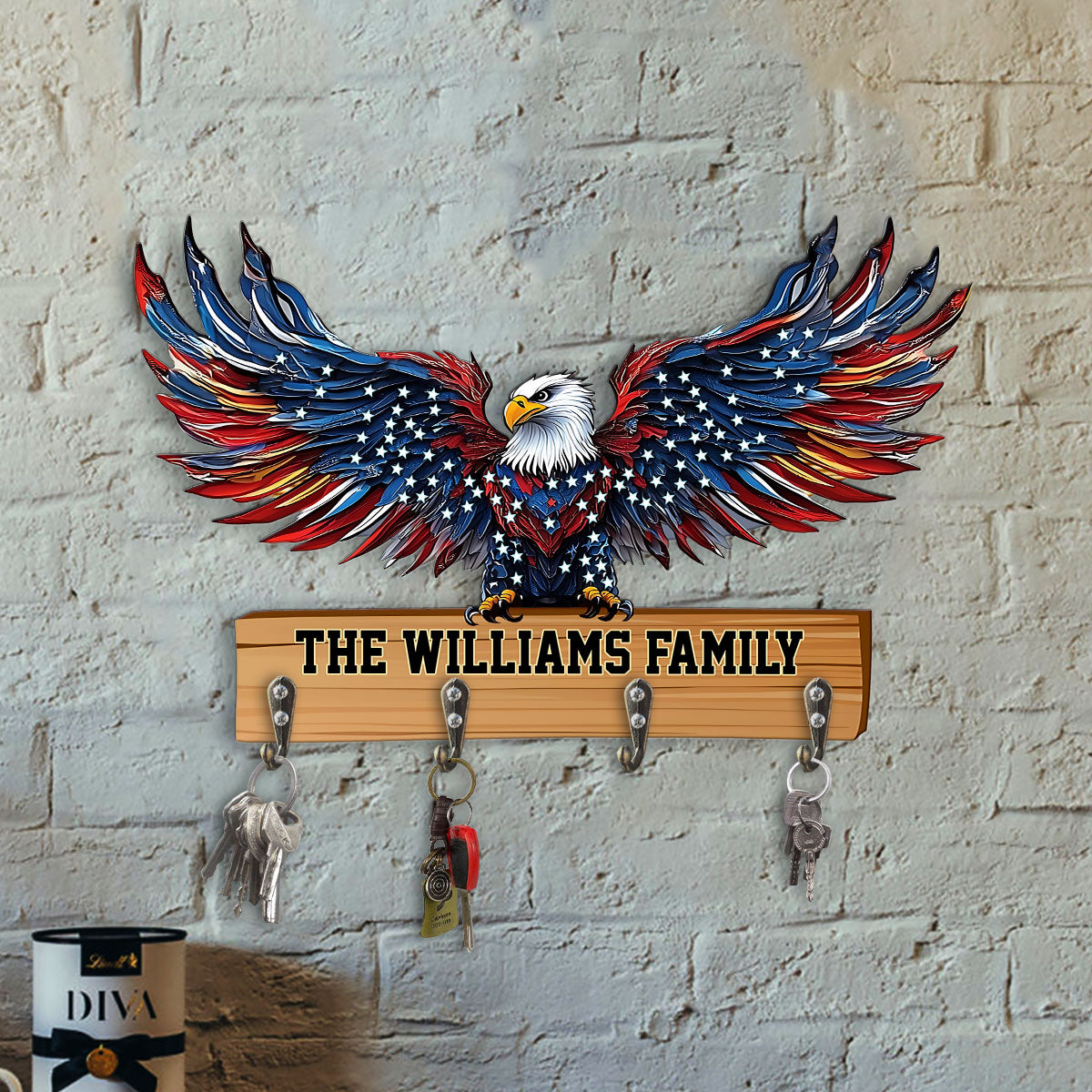 Bienvenue dans notre famille ! Porte-clés personnalisé en forme d'aigle à tête blanche.