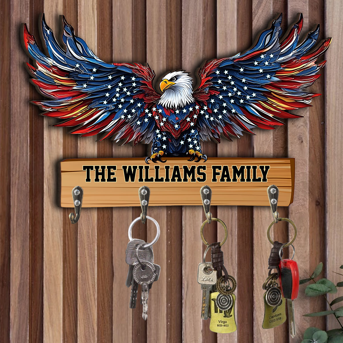 Bienvenue dans notre famille ! Porte-clés personnalisé en forme d'aigle à tête blanche.