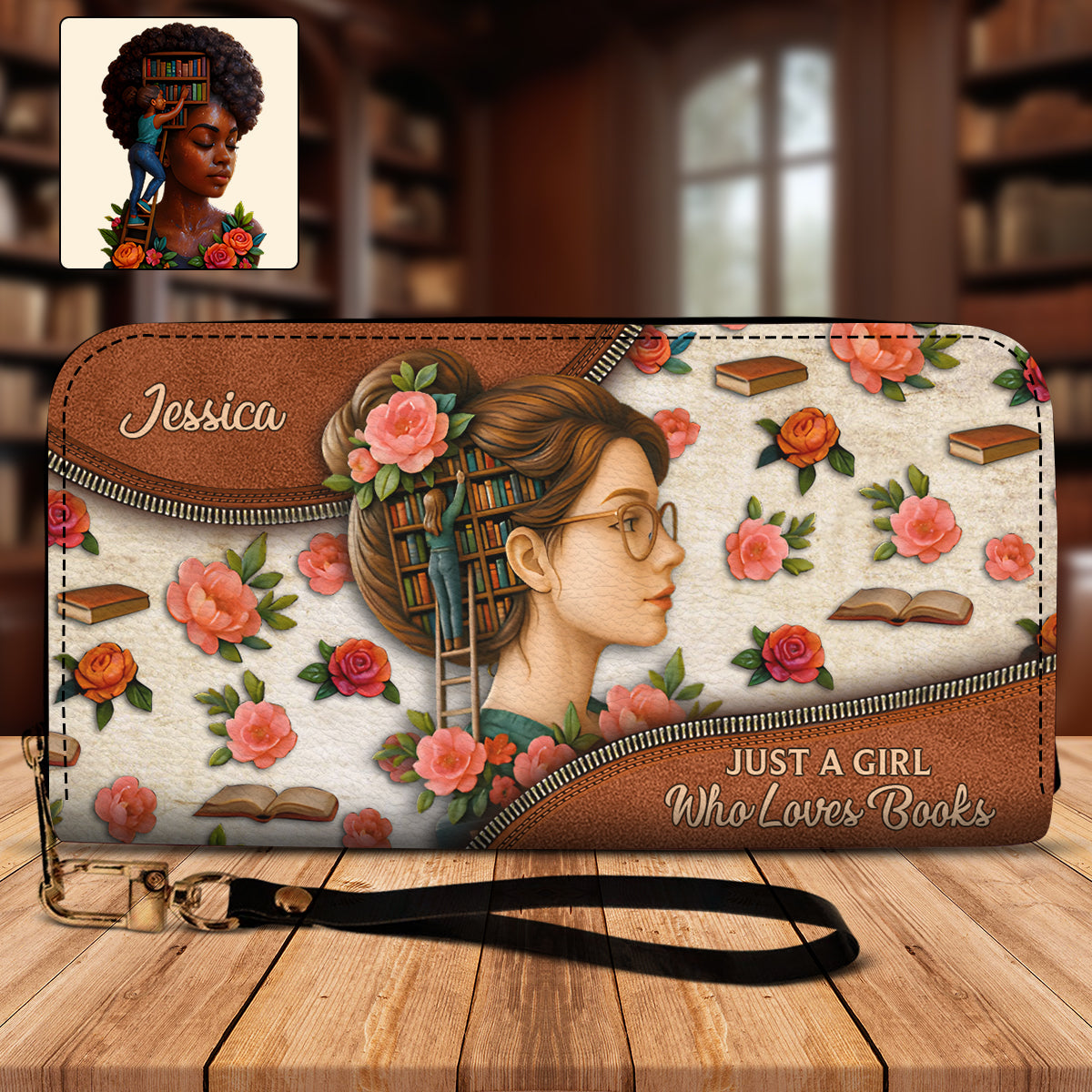 Juste une fille qui aime les livres - Portefeuille long en cuir personnalisé avec un livre