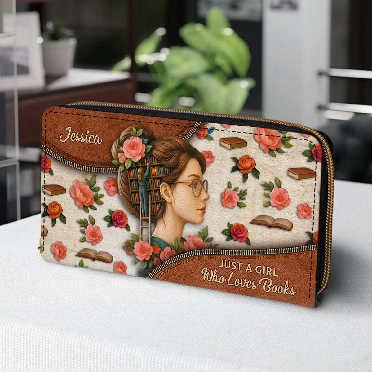 Juste une fille qui aime les livres - Portefeuille long en cuir personnalisé avec un livre