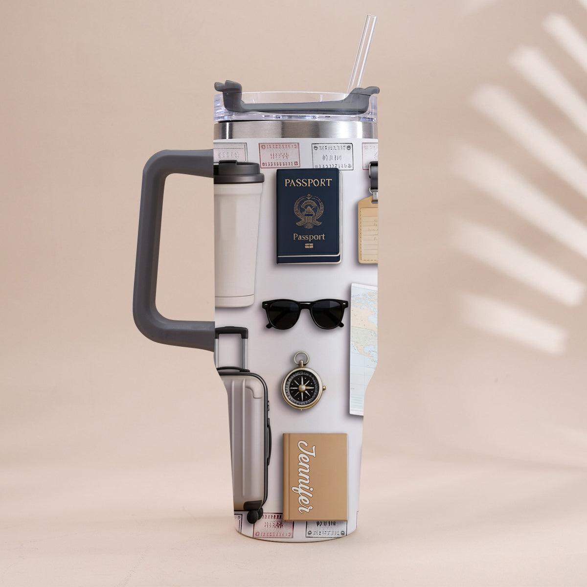 Reiselustig – Personalisierter Reisebecher mit Henkel
