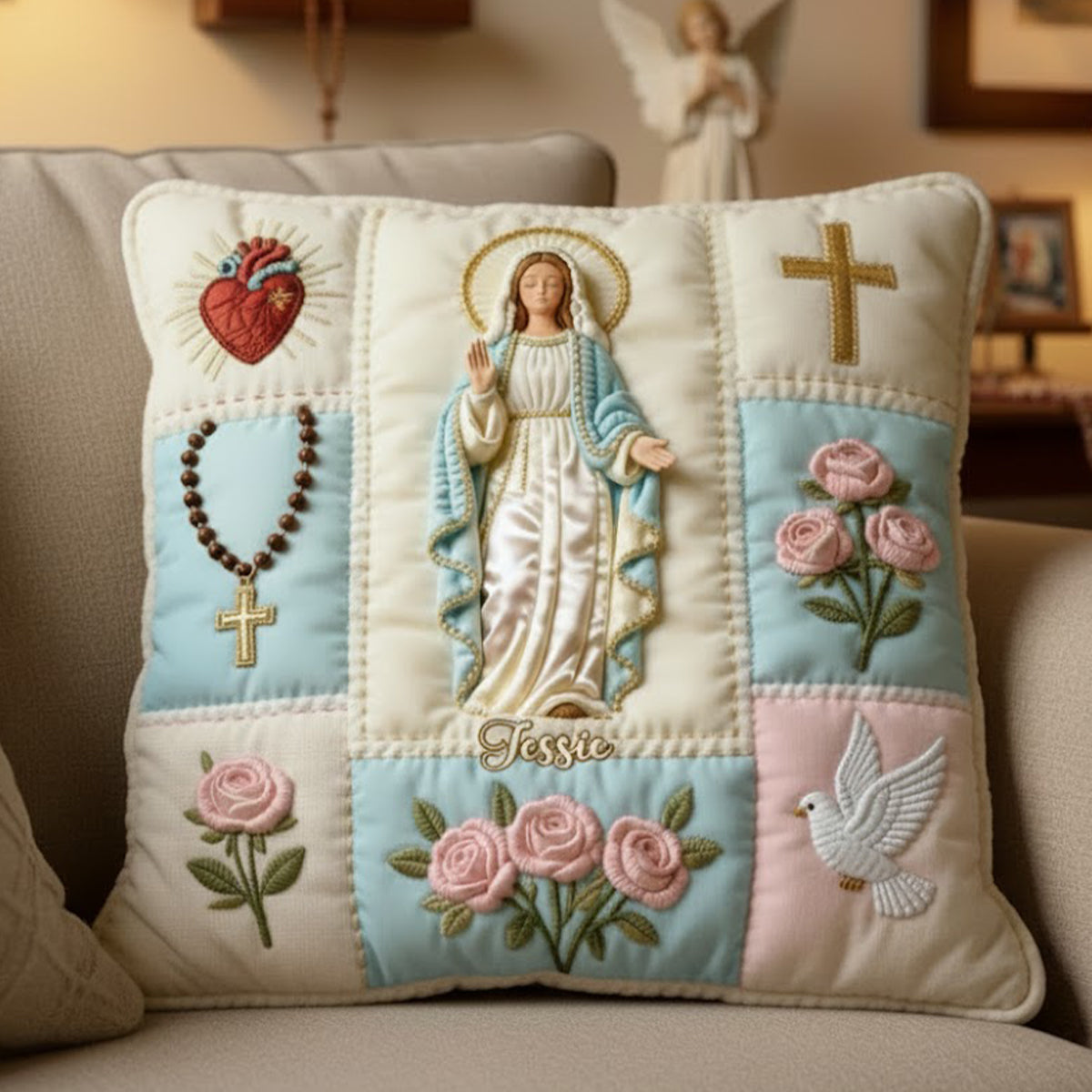 Notre-Dame - Coussin carré chrétien personnalisé en fausse fourrure