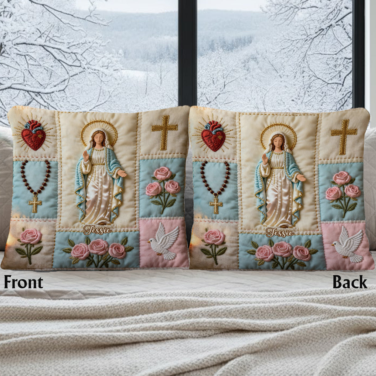 Notre-Dame - Coussin carré chrétien personnalisé en fausse fourrure