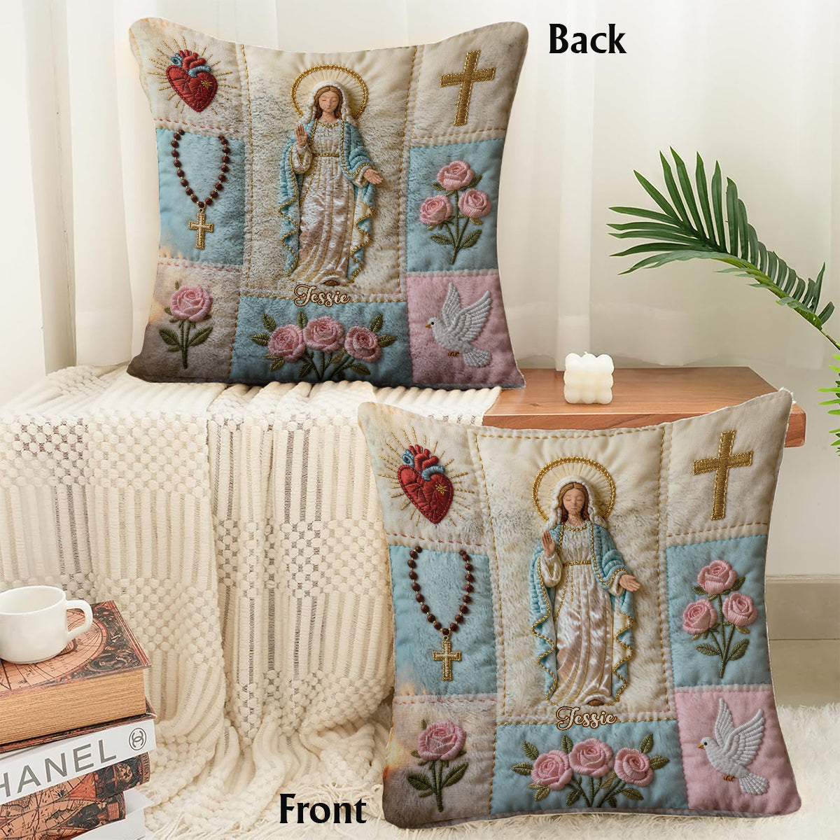 Notre-Dame - Coussin carré chrétien personnalisé en fausse fourrure
