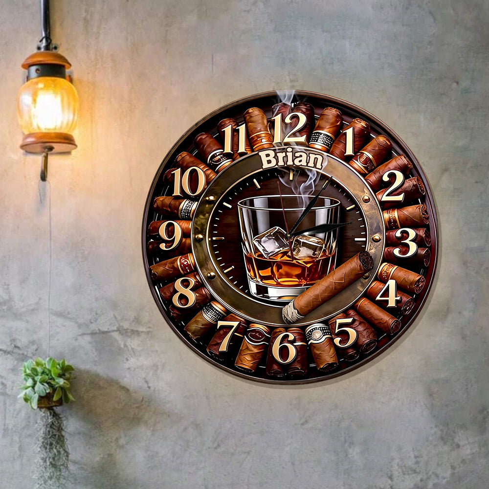 Whiskey et Cigare - Horloge Murale LED Whisky Personnalisée