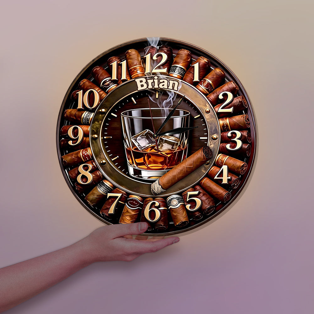 Whiskey et Cigare - Horloge Murale LED Whisky Personnalisée