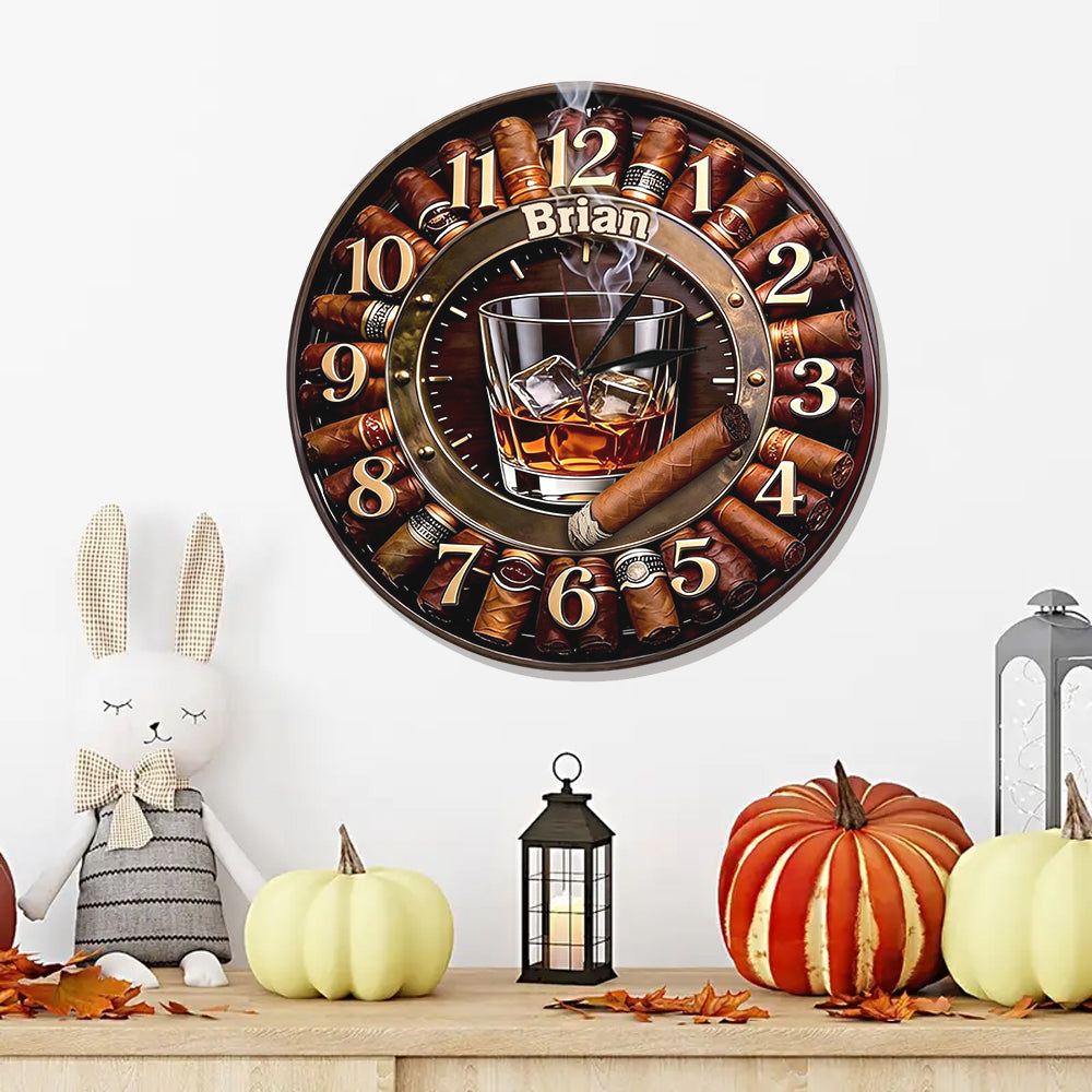 Whiskey et Cigare - Horloge Murale LED Whisky Personnalisée