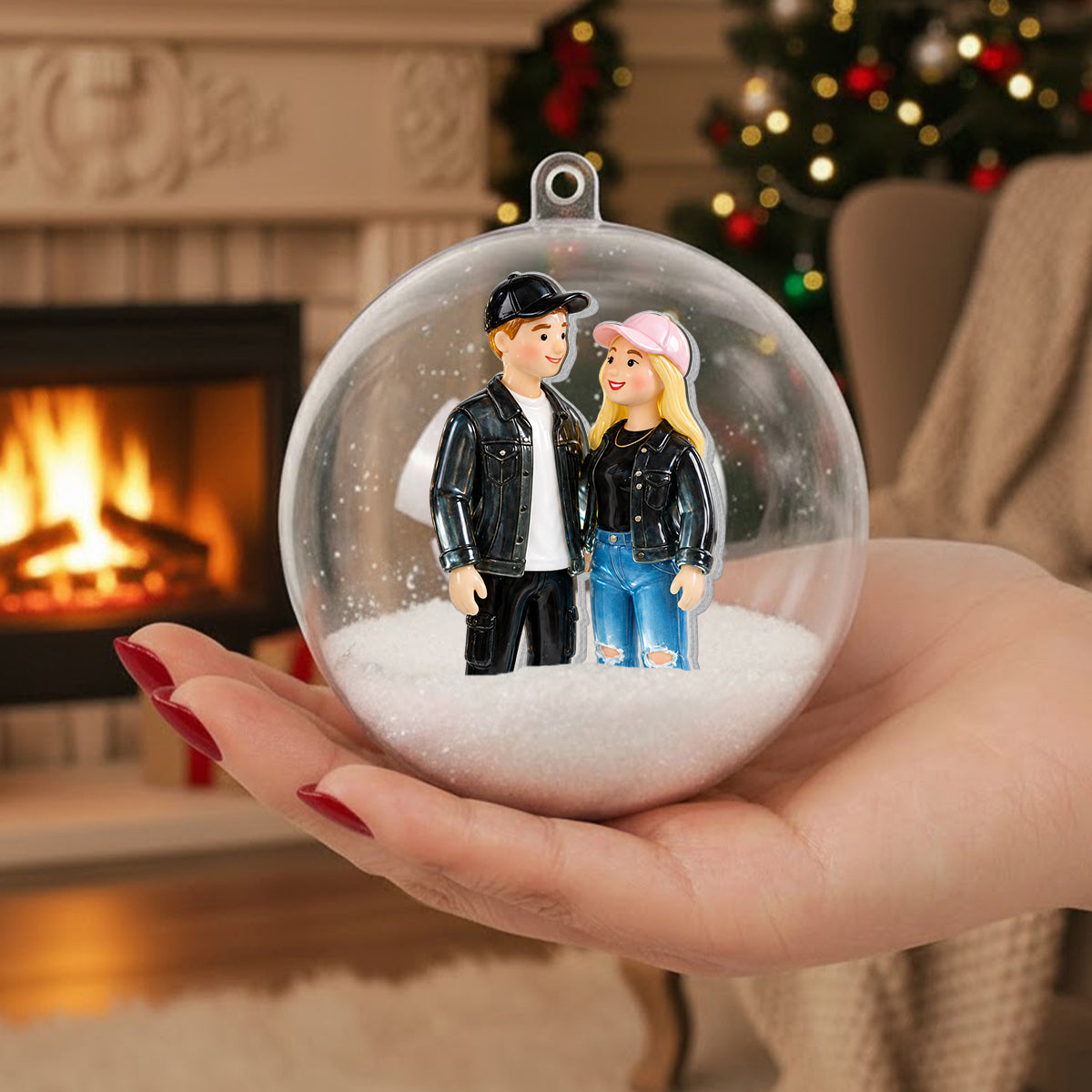 Any Photo, Custom Text in Bow - Personalized Couple Snow Globe Ornament With Bow