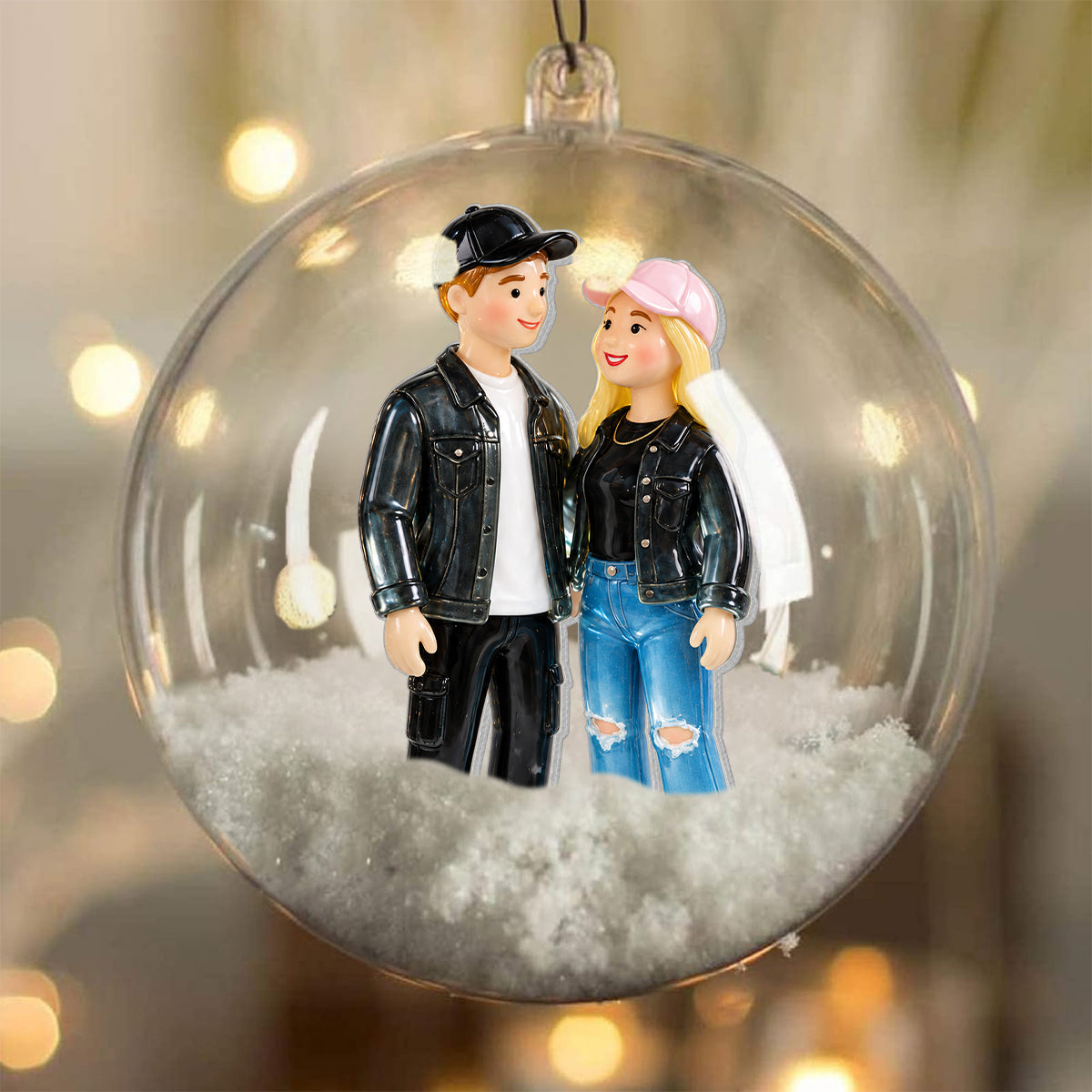 Any Photo, Custom Text in Bow - Personalized Couple Snow Globe Ornament With Bow