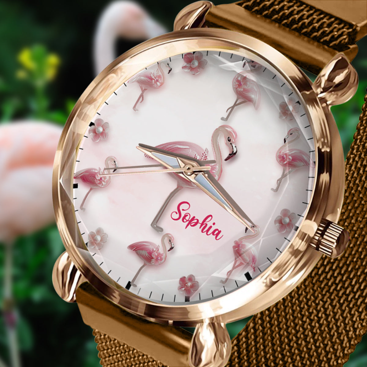 Elegance in Bloom Flamingo – Personalisierte Flamingo-Damenhanduhr 