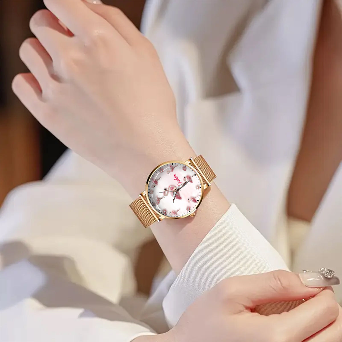 Elegance in Bloom Flamingo – Personalisierte Flamingo-Damenhanduhr 