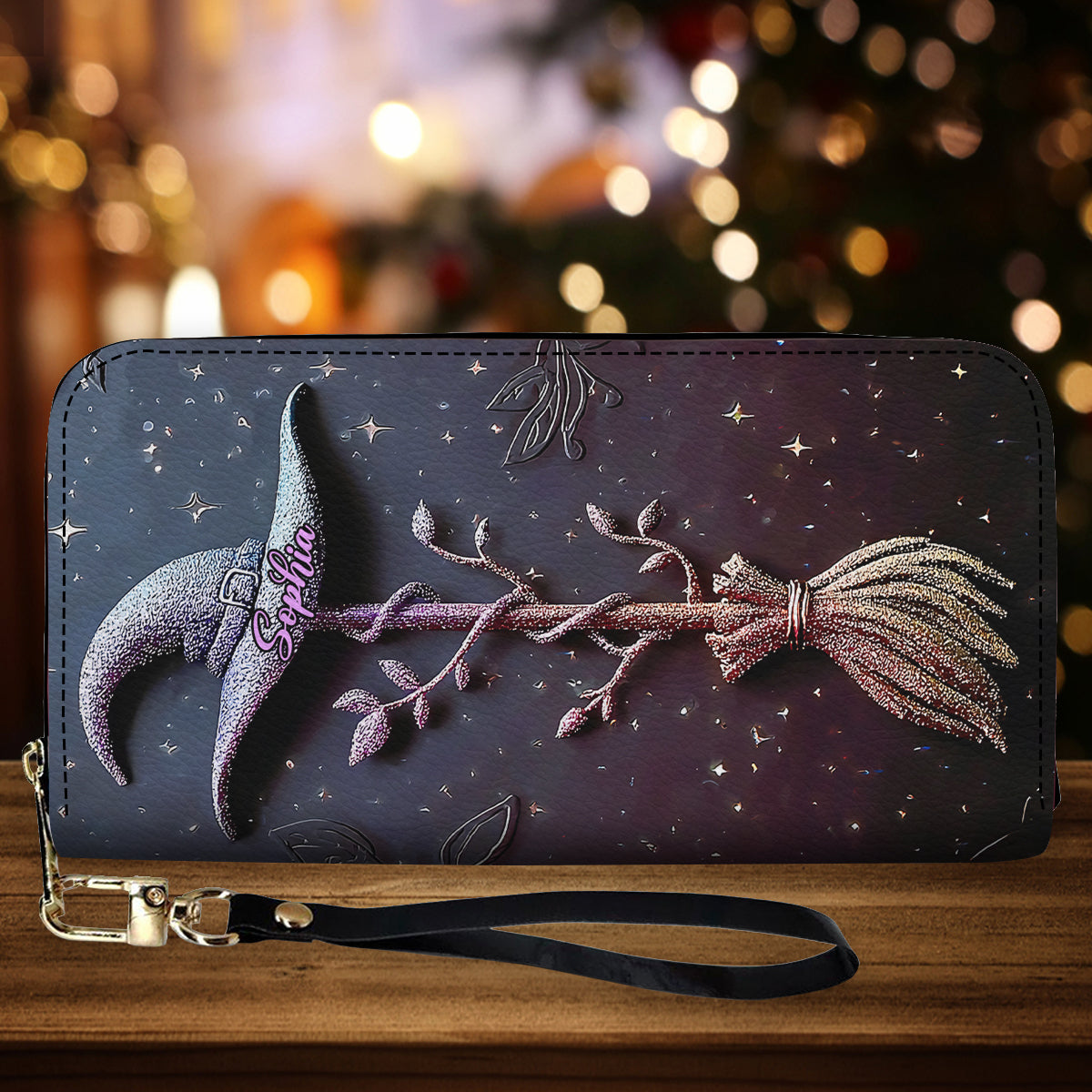 Magical, Glittering Witch Hat And Broomstick - Personalized Witch Leather Long Wallet