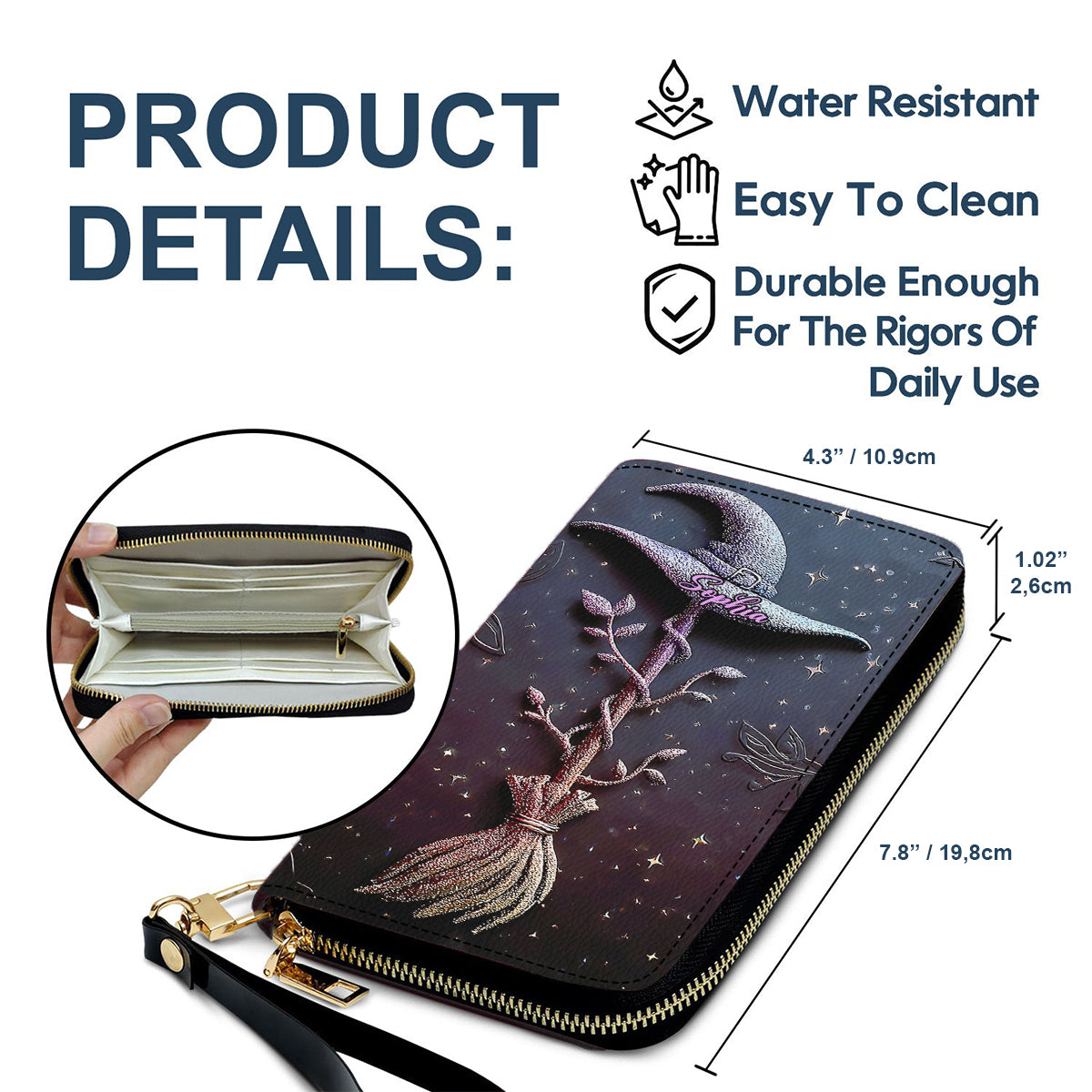 Magical, Glittering Witch Hat And Broomstick - Personalized Witch Leather Long Wallet