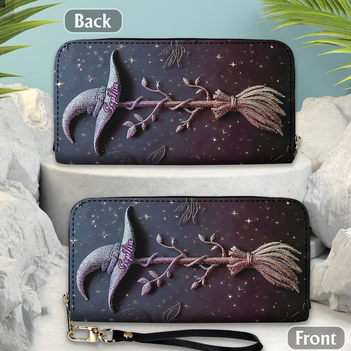 Magical, Glittering Witch Hat And Broomstick - Personalized Witch Leather Long Wallet