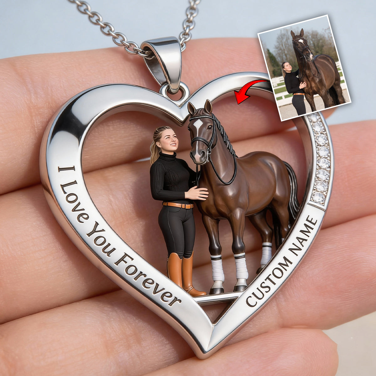 Collier pendentif personnalisé en métal en forme de cheval, réalisé à partir de n'importe quelle photo