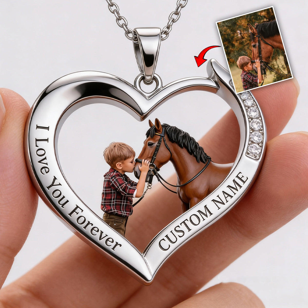 Collier pendentif personnalisé en métal en forme de cheval, réalisé à partir de n'importe quelle photo