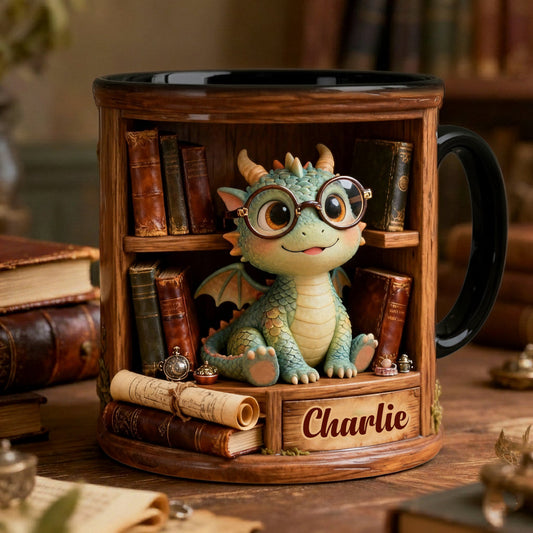 In einer Welt voller Bücherwürmer: Sei ein Bücherdrache – Personalisierter Becher mit Buchmotiv