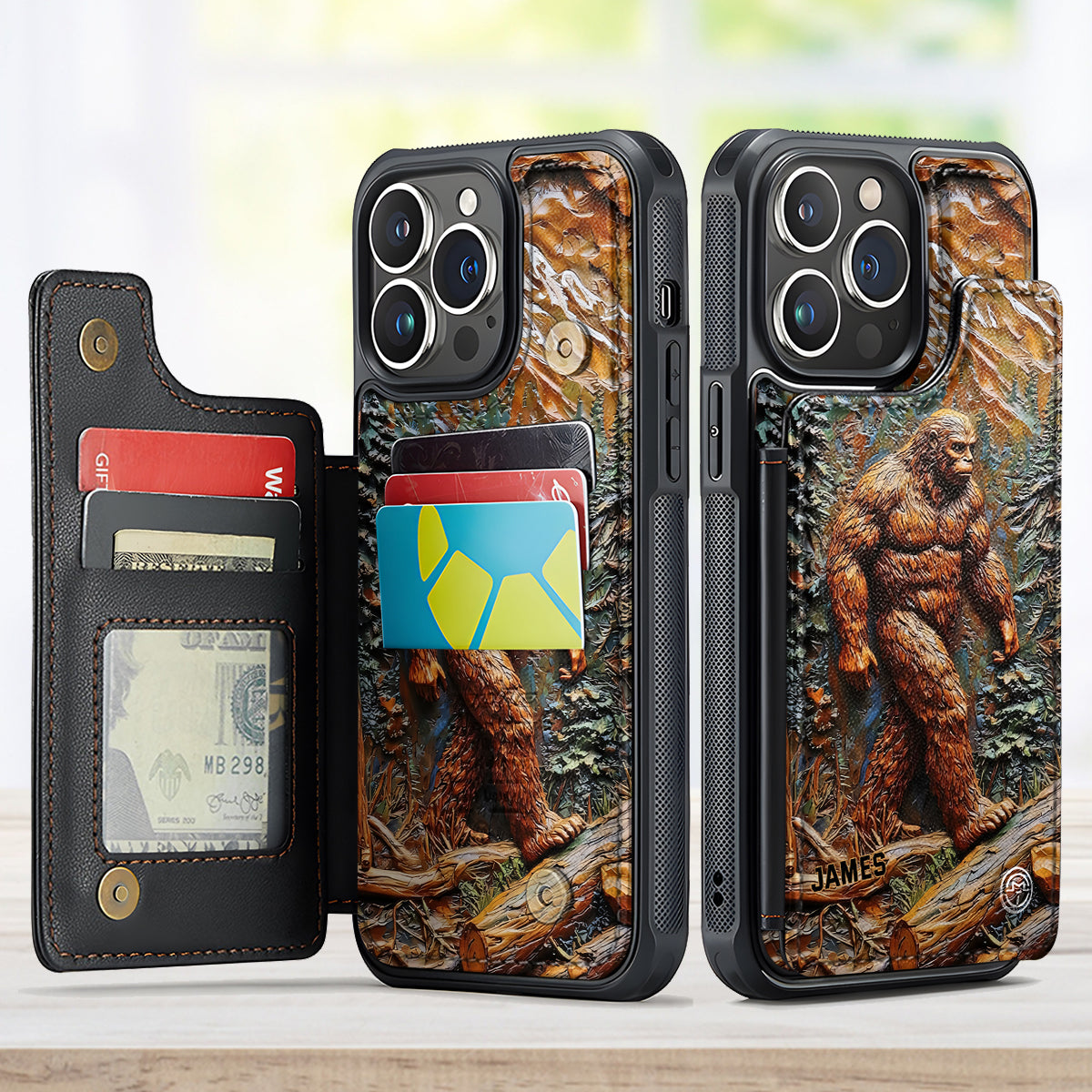 Bigfoot dans la forêt - Étui portefeuille de téléphone personnalisé pour la randonnée, entièrement imprimé