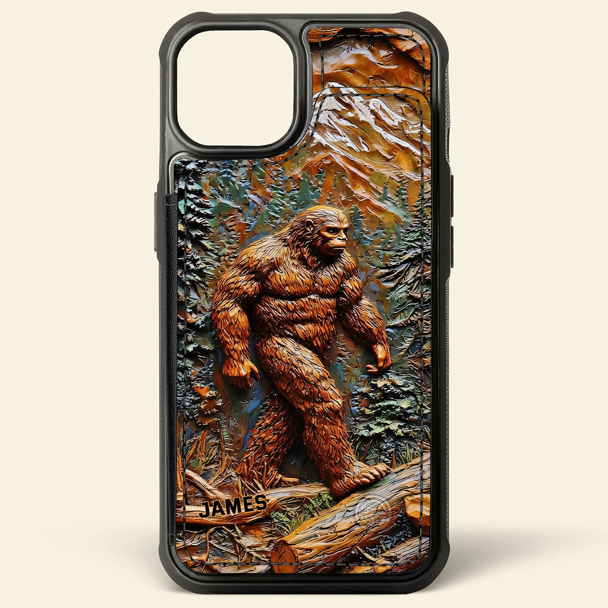 Bigfoot dans la forêt - Étui portefeuille de téléphone personnalisé pour la randonnée, entièrement imprimé