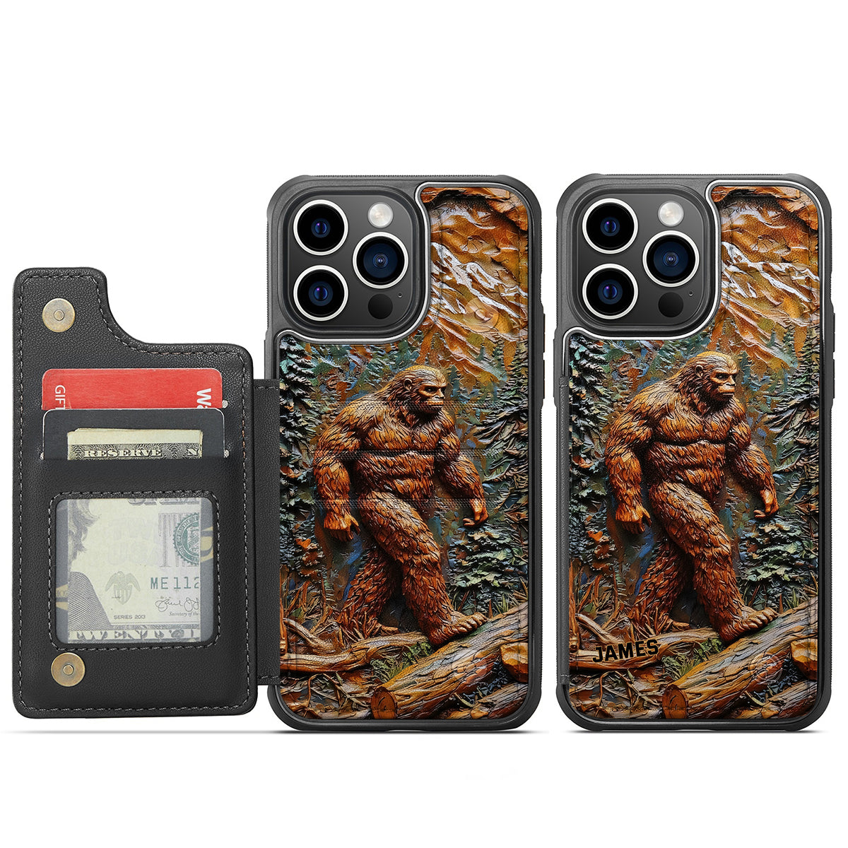 Bigfoot dans la forêt - Étui portefeuille de téléphone personnalisé pour la randonnée, entièrement imprimé