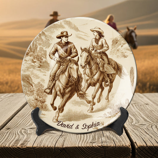Du und ich, wir schaffen das – Personalisierter runder Keramikteller „Cowgirl“