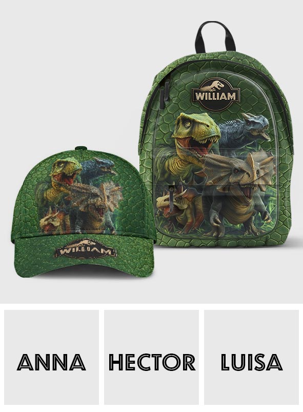 Dinosaurierwelt – Personalisierte Kinder-Klassiker-Kappe & Rucksack