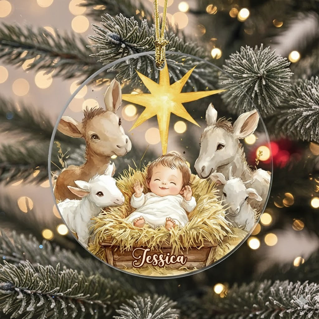Festliche Krippenszene – Personalisierter christlicher Weihnachtsschmuck