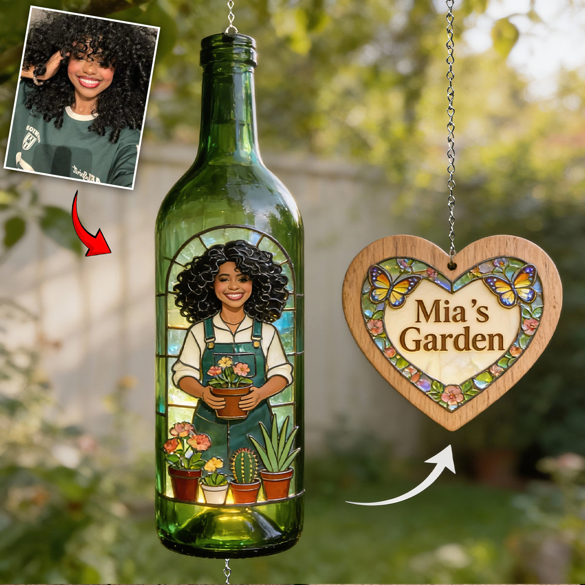 Einfach ein Mädchen, das Gartenarbeit liebt – Personalisiertes Windspiel aus einer Weinflasche
