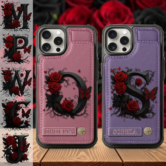Alphabet Rote Rose und Schmetterlinge - Personalisierte Luxus-Handyhülle mit Brieftaschenmotiv