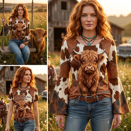 Juste une fille qui aime les vaches des Highlands - Chemise à manches longues évasées personnalisée