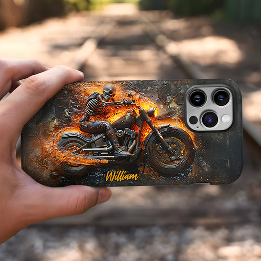 Skelett auf brennendem Motorrad – Personalisierte Handyhülle mit Biker-Motiv und Vollbilddruck