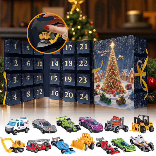 Calendrier de l'Avent pliable et personnalisé pour enfant, motif véhicule de Noël, avec décorations