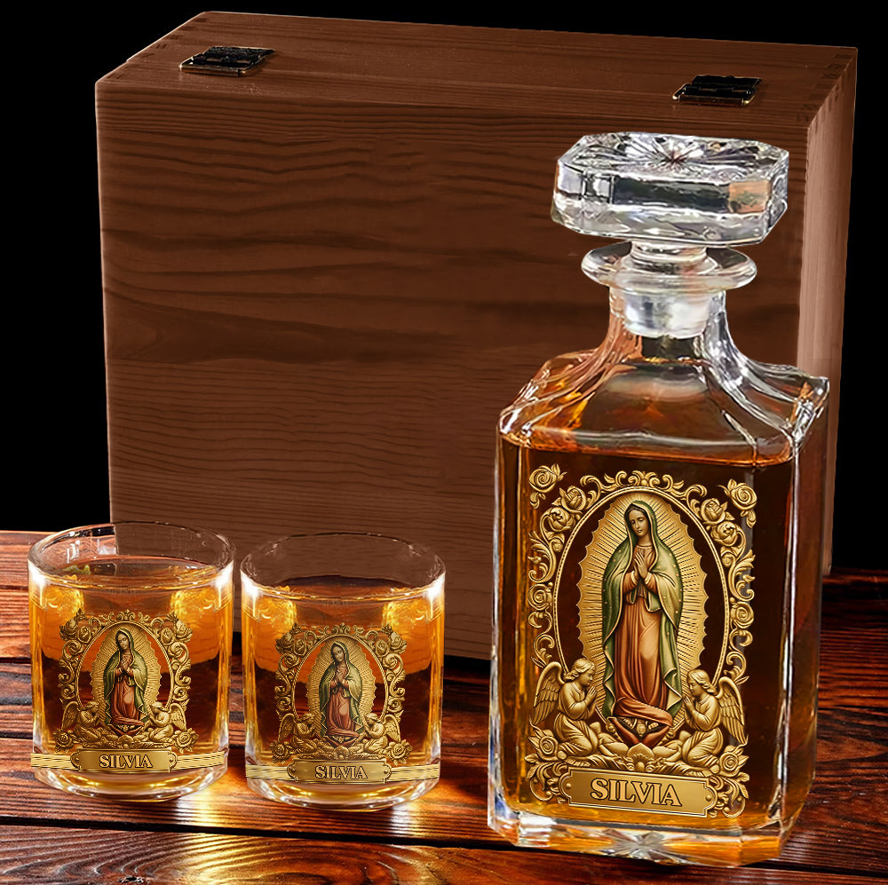 Personalisiertes christliches Whisky-Dekanter-Set „Unsere Liebe Frau von Guadalupe“