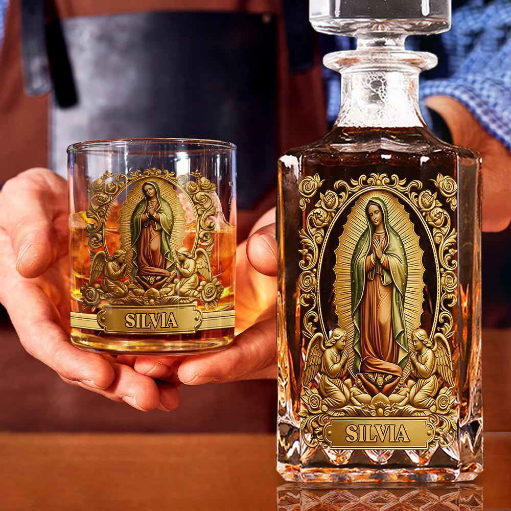 Personalisiertes christliches Whisky-Dekanter-Set „Unsere Liebe Frau von Guadalupe“