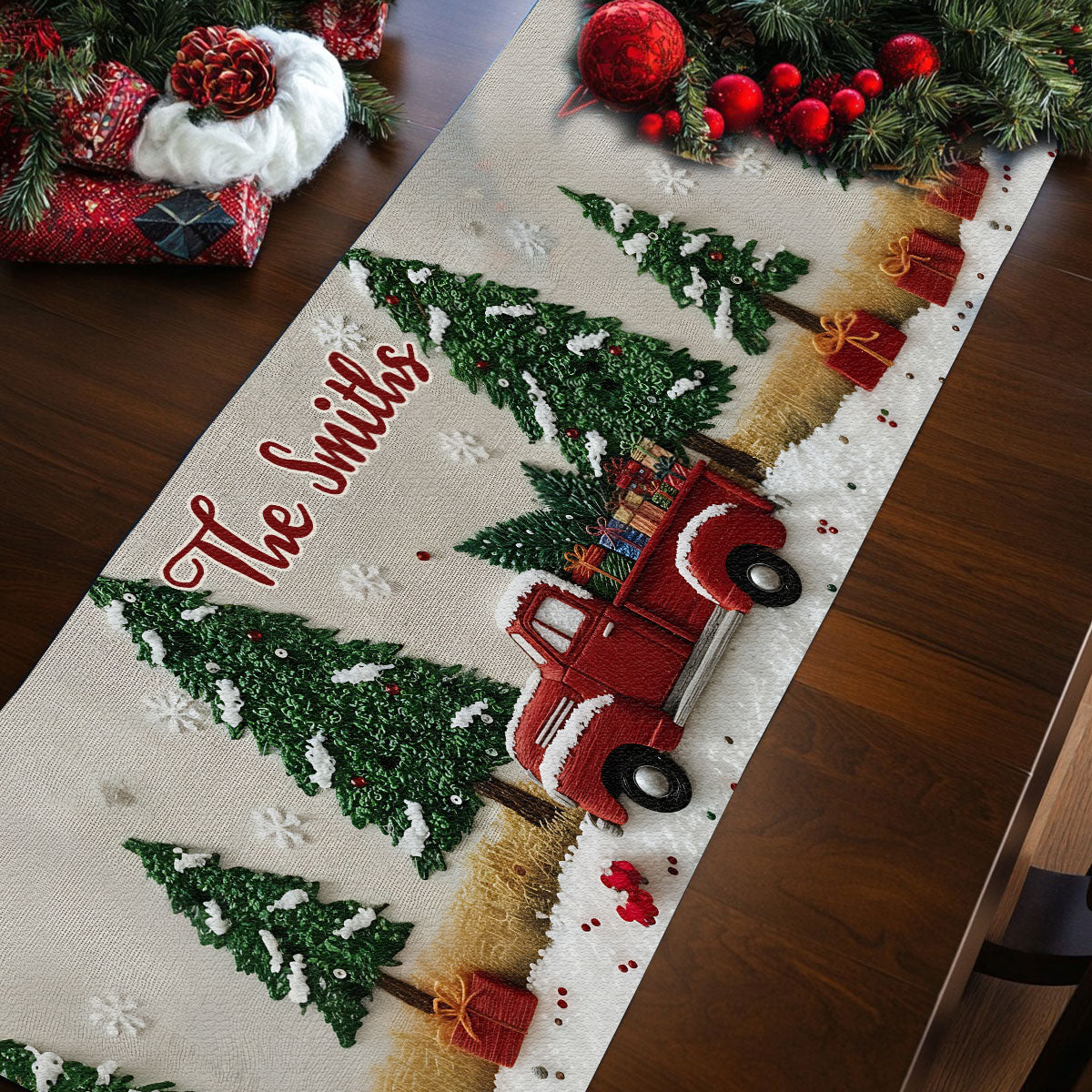 Alle Herzen kommen zu Weihnachten nach Hause – Personalisierter Tischläufer für die ganze Familie